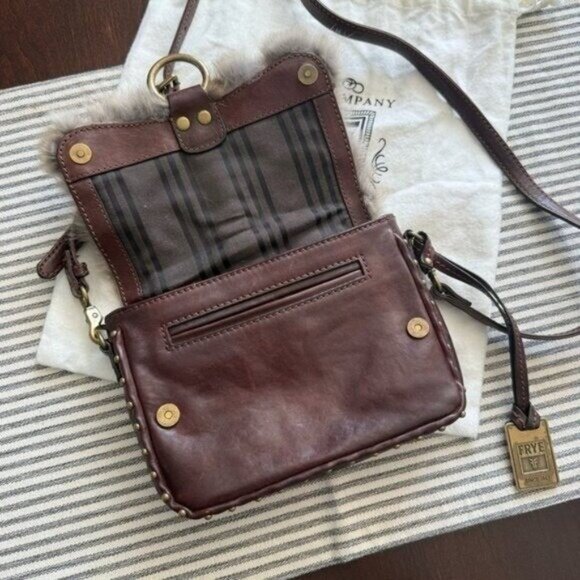 Frye Roxanne Rabbit Fur Genuine Leather Stud Studded Crossbody Bag Purse Brown • - Picture 7 of 12